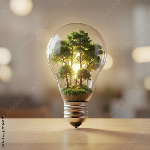 Glowing lightbulb with green forest inside on clean wooden background, green innovation and eco idea concept