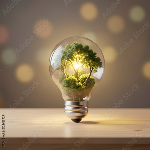Glowing lightbulb with green forest inside on clean wooden background, green innovation and eco idea concept