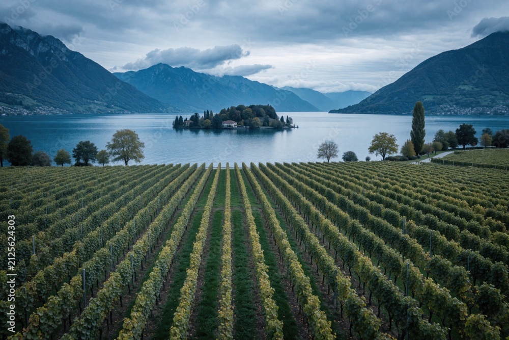 Obraz premium Rows of green vines grow in vineyard near deep blue lake water. Mountains rise in background under cloudy sky. Small island with trees sits in middle of scenic landscape. Nature provides peaceful