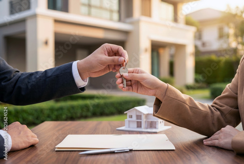 Close-up of a house key being handed to a new owner over real estate documents and a home model. Property purchase, ownership, investment and residential housing concept