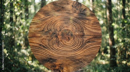 Circular wooden texture with tree rings set against a blurred forest background representing nature and organic materials for design