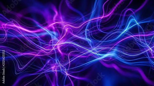 Abstract futuristic glowing neon purple and blue energy wave lines flowing on dark background