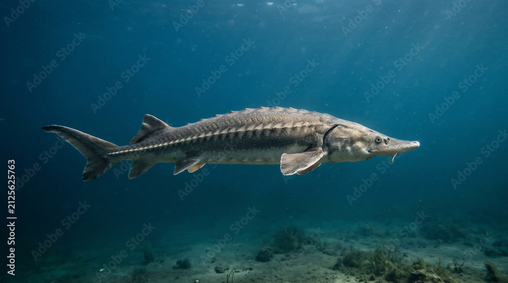 Obraz premium Sturgeon glides gracefully through the deep blue water above a sandy river bottom landscape.