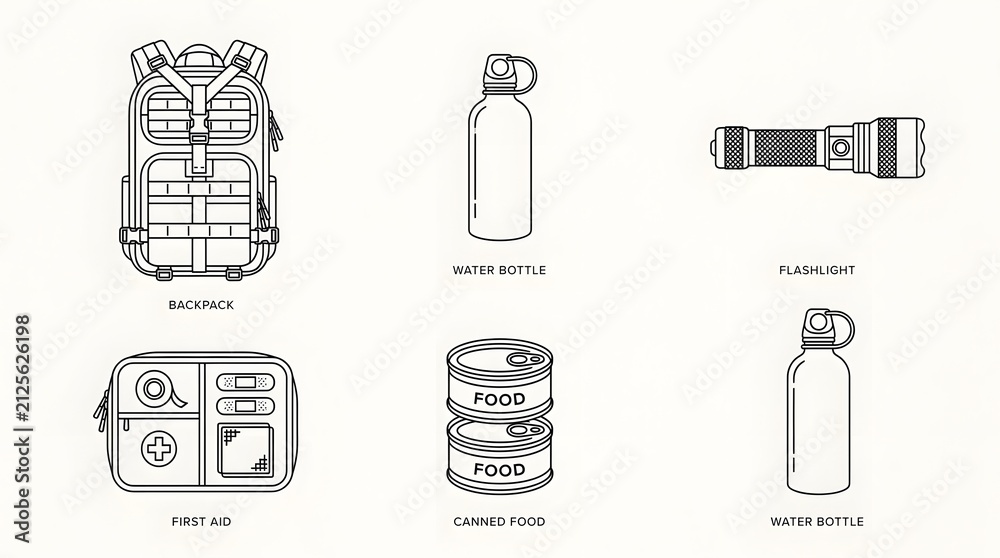 Fototapeta premium Essential survival gear consist of a backpack, water bottles, a flashlight, bandages, and canned food.