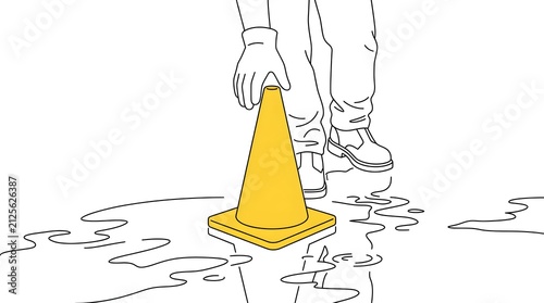 Person Wearing Casual Shoes Placing Yellow Traffic Cone on Wet Surface