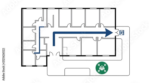 Emergency Exit Sign in Building Floor Plan with Direction Arrow and Assembly Point