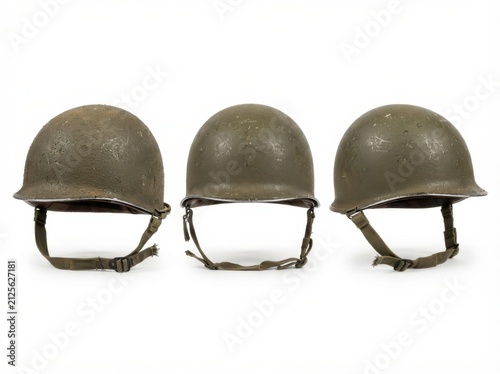 Three views of a vintage world war two era olive drab helmet