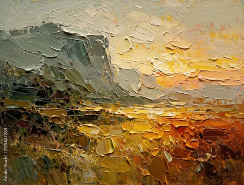 Panel kuchenny z motywem Abstract oil landscape painting with heavy impasto texture. Vibrant yellow golden sunset light illuminates hills above dark terrain. Rough brushstrokes create dynamic motion across canvas surface.