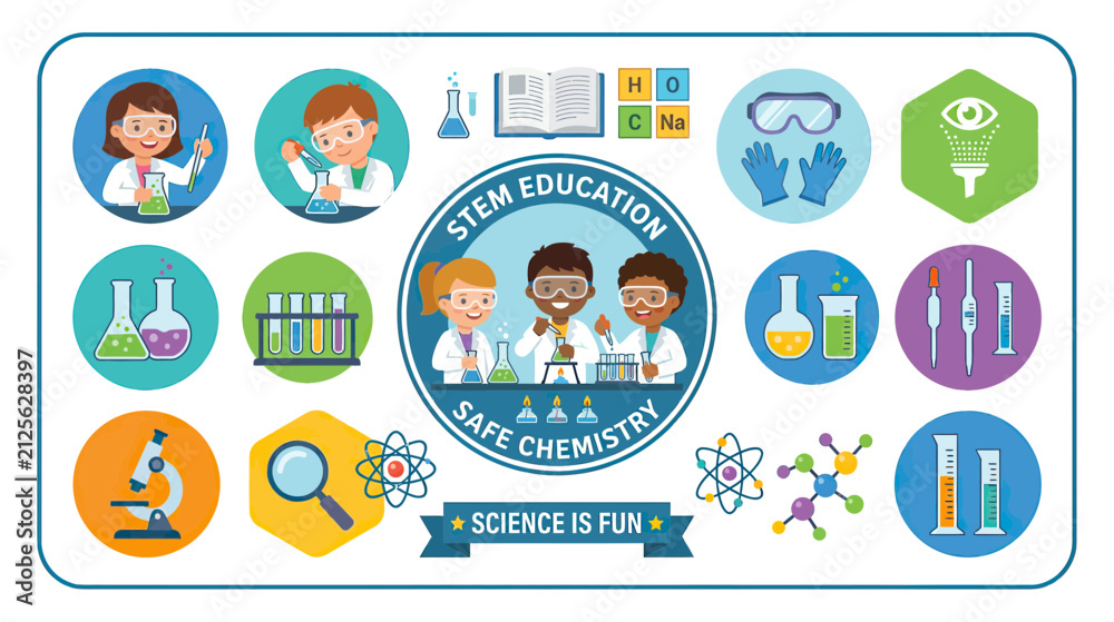 Fototapeta premium Children in lab coats learning science with chemistry equipment