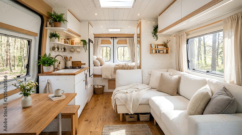 Fototapeta premium Modern and Cozy Luxury Camper Van Interior Design with Minimalist Decor, Sofa, Kitchen, and Bed