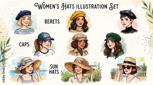 Women's Hats Illustration Set with Berets Caps and Sun Hats Fashion Accessories Vector Collection