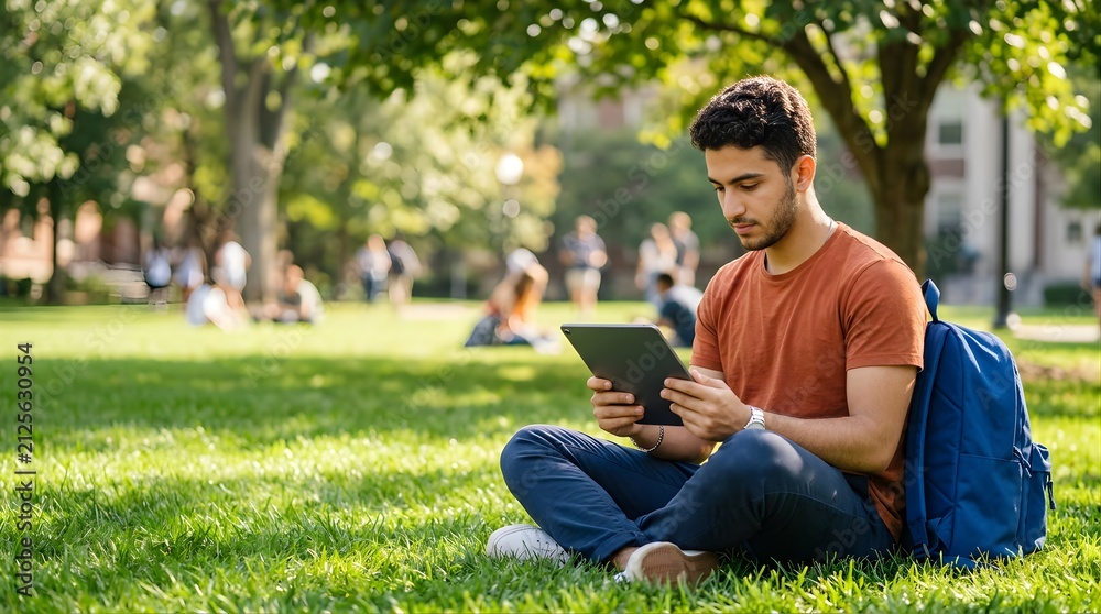 Obraz premium Young male student using a digital tablet while sitting on a campus lawn