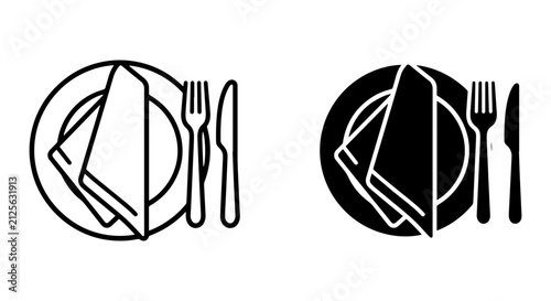 Restaurant Place Setting Icons, Dinner Plate with Cutlery and Napkin, Food Service Vector Graphics