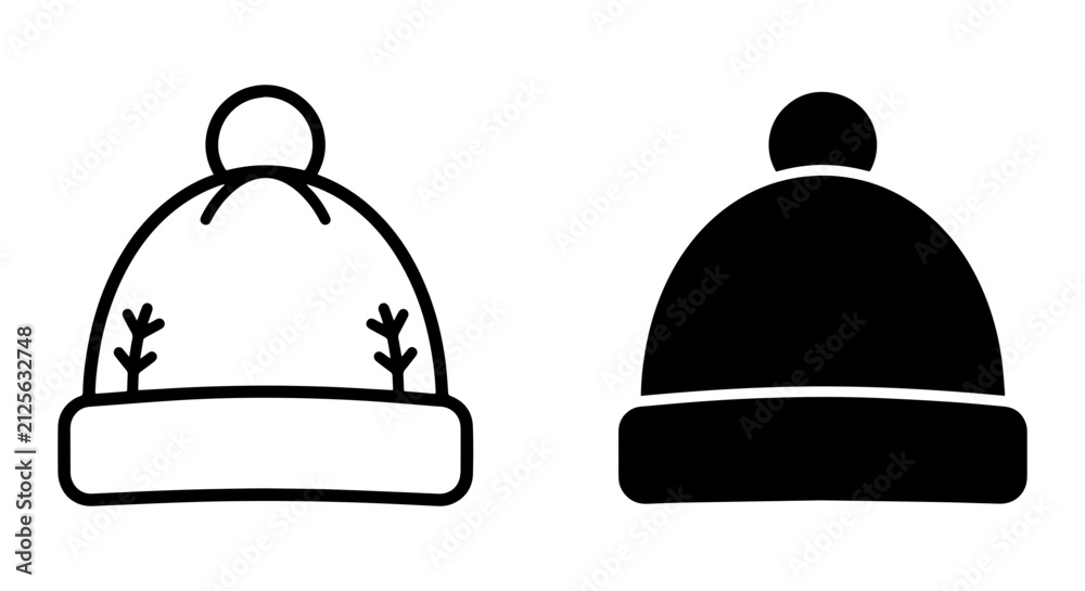 Fototapeta premium Winter Beanies, Two Styles: Outline and Solid Black Icon Set, Cold Weather Headwear