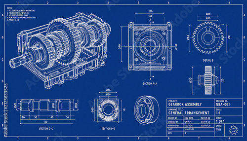 Detailed engineering blueprint showing a complex industrial gearbox assembly for mechanical design projects.