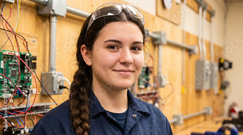 Young Female Electrician Smiling In Industrial Workshop