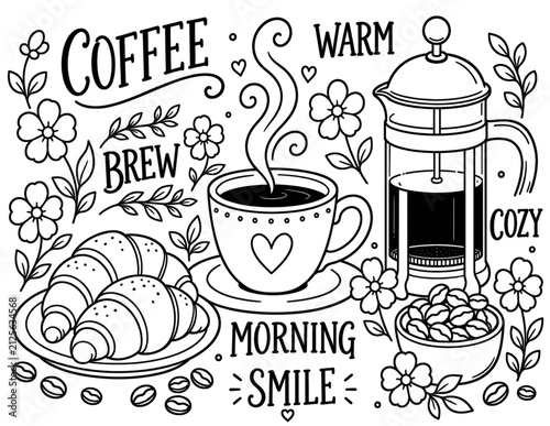 relaxing black and white coffee themed coloring page for adults. includes words related to morning breakfast. ready to print on standard 8.5 x 11 inch paper.