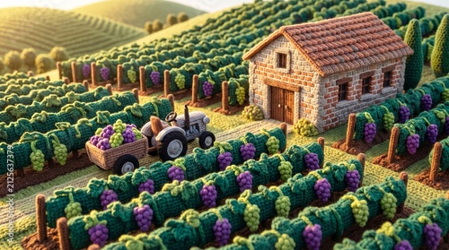 Handmade Yarn Art Knitted Vineyard Landscape Diorama with Stone Farmhouse and Tractor Harvesting Grapes