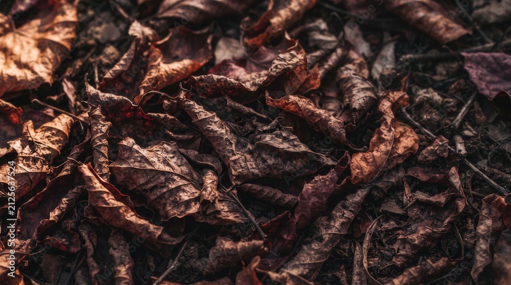 Fototapeta premium Dried autumn leaves macro texture covering the forest ground. Natural brown and copper foliage with crispy curled details. Organic background for seasonal promotional graphics.