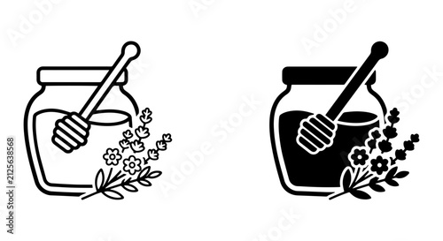 фотографія Honey Jar Icons, Sweet Liquid Food, Floral Accents, Vector Set