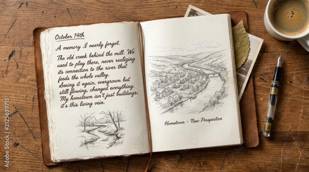 Naklejka premium Open travel journal with landscape sketch and notes.
