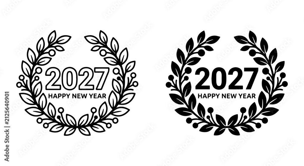 Obraz premium 2027 Happy New Year Laurel Wreath Vector Icons, Celebration Emblem Set, Festive Greeting Design Elements