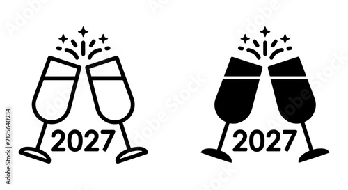 New Year 2027 Toast, Champagne Glasses Clinking Icon Set, Celebration Vector Art
