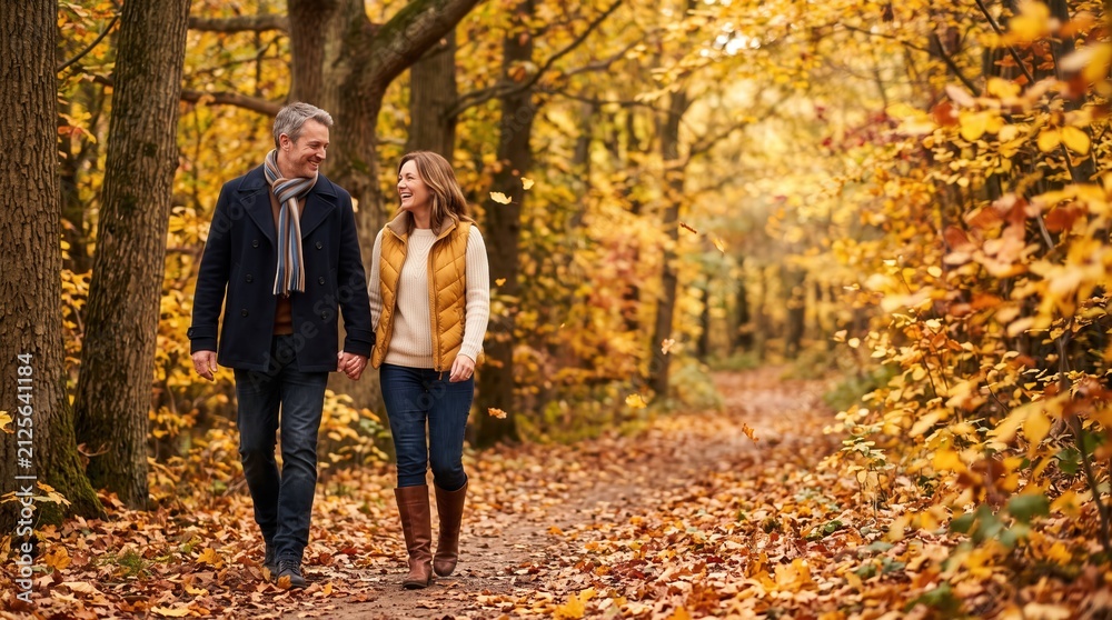 Fototapeta premium Happy mature couple walking hand-in-hand through vibrant autumn forest with golden leaves for retirement lifestyle marketing