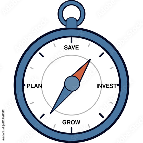 Financial compass vector illustration featuring Plan, Save, Invest, and Grow directions.