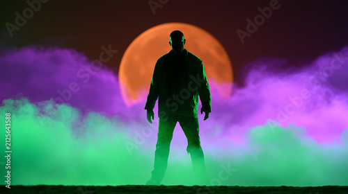 Halloween zombie silhouette beneath orange full moon with neon green and purple fog