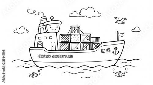 Cute Cartoon Cargo Ship with Containers on the Ocean Coloring Page.