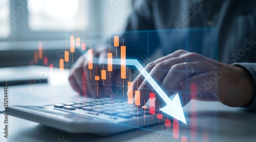Businessman using calculator with holographic downward arrow and red market candle chart illustrating financial loss and economic decline