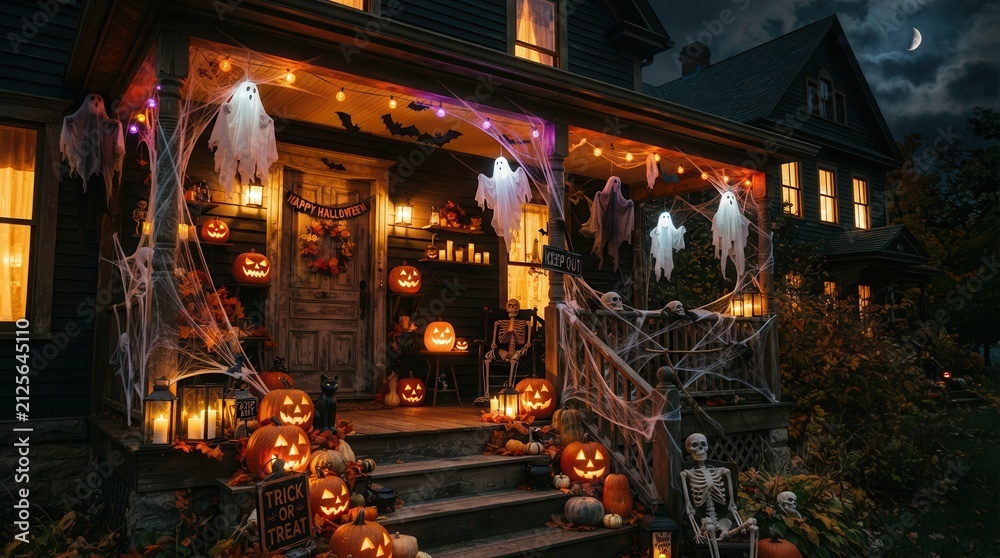 Obraz premium Spooky Halloween house porch with glowing jack-o-lanterns, haunted home exterior with ghosts and cobwebs, festive autumn night decorations