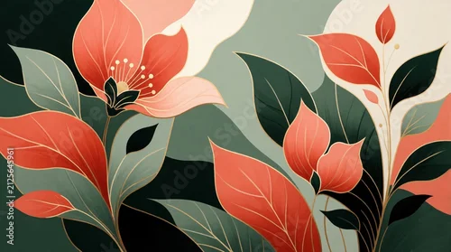 Panel kuchenny z motywem Modern abstract floral art with stylized coral blossoms, deep green leaves. Sophisticated botanical wallpaper design features luxury gold lines, muted sage tones. Elegant plant pattern for fabric