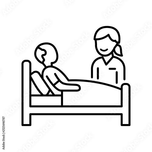 Obraz na płótnie Minimalist line icon depicting a bedridden senior patient with a thermometer being attended by a nurse, representing post-surgical recovery, bedside care, and inpatient monitoring