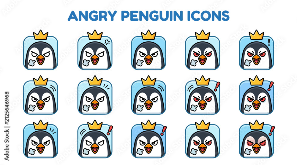 Fototapeta premium Angry Penguin Icons - Set of 15 Expressions and Emotions