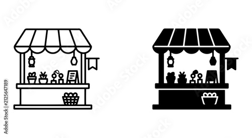 Market Stall Icons, Outdoor Booth Vector Graphics, Retail Stand Illustrations, Commerce Scene Elements