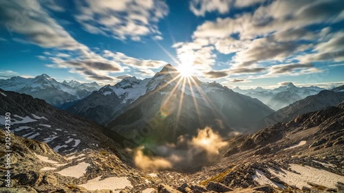 Time-Lapse Sunrise Over Aoraki Mount Cook with Valley Fog and Dramatic Clouds