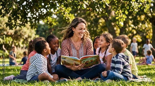 A woman reading a book to a group of children in a park.