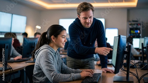 A teacher guiding a student on a computer in a classroom with multiple screens.