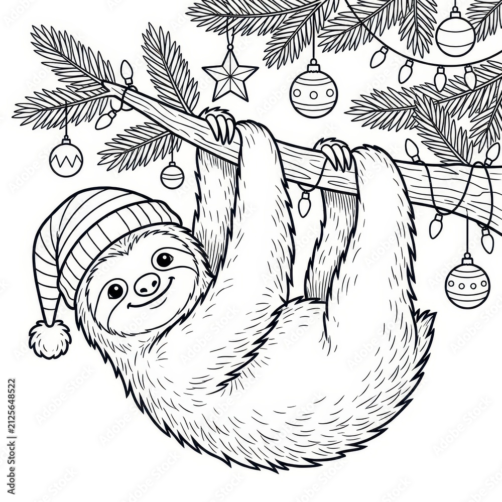 Fototapeta premium Sloth in Santa hat hanging on Christmas tree