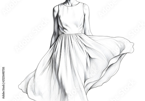 Elegant Line Drawing of Flowing Dress with Delicate Fabric Folds and Graceful Silhouette