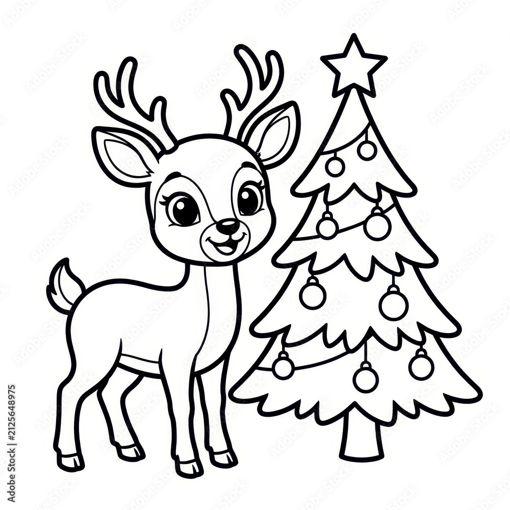 Obraz premium Cute reindeer and Christmas tree coloring page