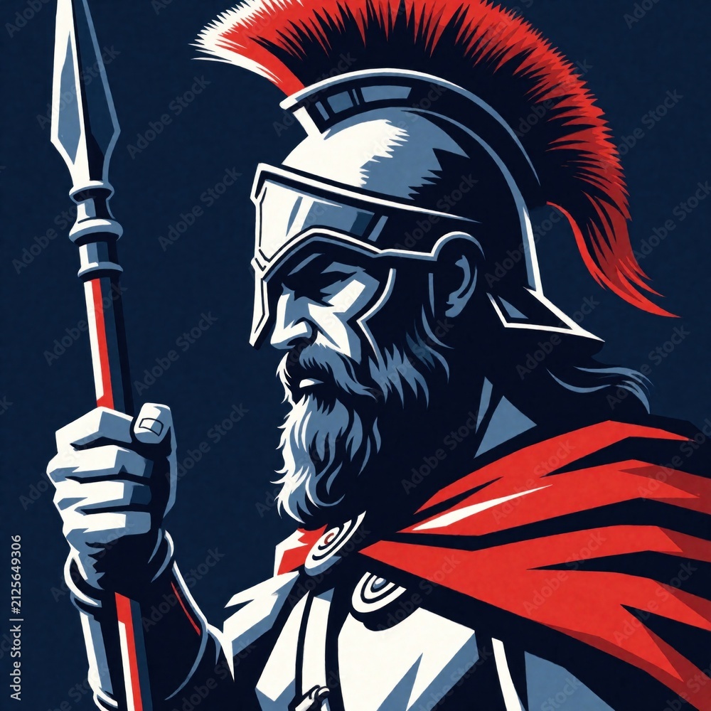 Obraz premium Bearded warrior in helmet holds spear. Red cape flows, stark graphic style. Ancient fighter side profile, determined look. Bold illustration art.