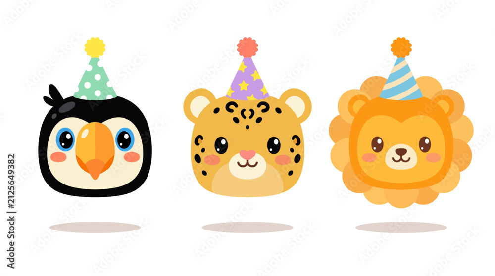 Fototapeta premium Cute cartoon animal heads celebrating a joyful party with colorful hats, featuring a penguin, leopard, and lion in festive attire