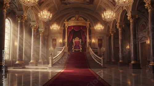 Royal throne room interior featuring grand red carpeted staircase, ornate golden columns, and sparkling crystal chandeliers