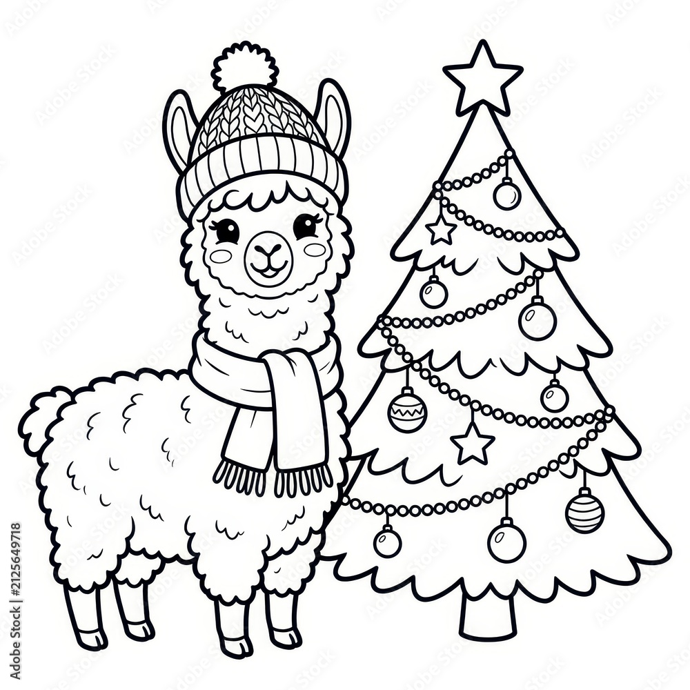 Naklejka premium Cute llama in winter hat and scarf next to Christmas tree