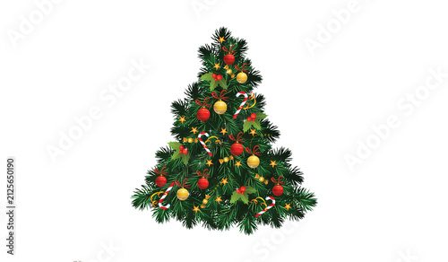Decorated christmas tree with red and gold ornaments isolated