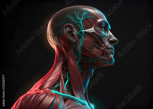 Anatomical portrait of human head with highlighted nervous system pathways