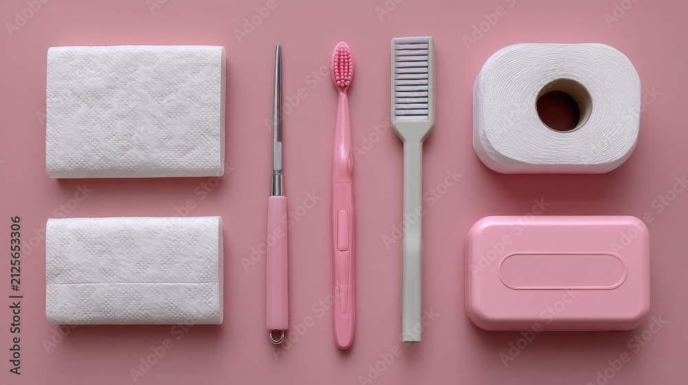 Obraz premium Soft pink bathroom essentials arranged neatly, including toothbrush, wipes, soap, and tools for personal care and hygiene
